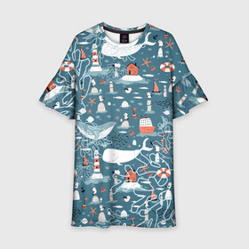 Детское платье 3D с принтом Море и его жители в Курске, 100% полиэстер | прямой силуэт, чуть расширенный к низу. Круглая горловина, на рукавах — воланы | киты | кораллы | маяк | море | морская тема | морские символы | паттерн | чайка