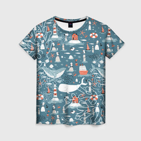 Женская футболка 3D с принтом Море и его жители в Курске, 100% полиэфир ( синтетическое хлопкоподобное полотно) | прямой крой, круглый вырез горловины, длина до линии бедер | киты | кораллы | маяк | море | морская тема | морские символы | паттерн | чайка