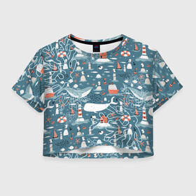 Женская футболка Crop-top 3D с принтом Море и его жители в Курске, 100% полиэстер | круглая горловина, длина футболки до линии талии, рукава с отворотами | киты | кораллы | маяк | море | морская тема | морские символы | паттерн | чайка