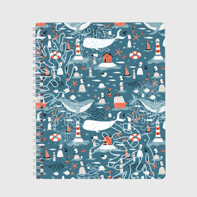Тетрадь с принтом Море и его жители в Курске, 100% бумага | 48 листов, плотность листов — 60 г/м2, плотность картонной обложки — 250 г/м2. Листы скреплены сбоку удобной пружинной спиралью. Уголки страниц и обложки скругленные. Цвет линий — светло-серый
 | киты | кораллы | маяк | море | морская тема | морские символы | паттерн | чайка
