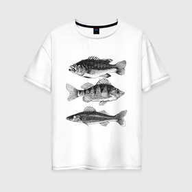 Женская футболка хлопок Oversize с принтом караси в Курске, 100% хлопок | свободный крой, круглый ворот, спущенный рукав, длина до линии бедер
 | Тематика изображения на принте: ocean | sea | sea animal | графика | карась | море | океан | река | рисунок рыбы | рыба | рыбалка