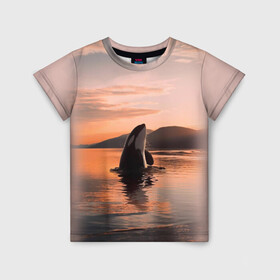 Детская футболка 3D с принтом касатки на закате в Курске, 100% гипоаллергенный полиэфир | прямой крой, круглый вырез горловины, длина до линии бедер, чуть спущенное плечо, ткань немного тянется | Тематика изображения на принте: ocean | orca | sea | sea animal | дельфин | закат | касатка | кит | море | океан | рисунок кита