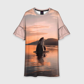 Детское платье 3D с принтом касатки на закате в Курске, 100% полиэстер | прямой силуэт, чуть расширенный к низу. Круглая горловина, на рукавах — воланы | Тематика изображения на принте: ocean | orca | sea | sea animal | дельфин | закат | касатка | кит | море | океан | рисунок кита