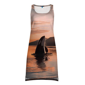 Платье-майка 3D с принтом касатки на закате в Курске, 100% полиэстер | полуприлегающий силуэт, широкие бретели, круглый вырез горловины, удлиненный подол сзади. | ocean | orca | sea | sea animal | дельфин | закат | касатка | кит | море | океан | рисунок кита
