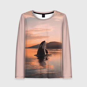 Женский лонгслив 3D с принтом касатки на закате в Курске, 100% полиэстер | длинные рукава, круглый вырез горловины, полуприлегающий силуэт | ocean | orca | sea | sea animal | дельфин | закат | касатка | кит | море | океан | рисунок кита