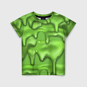 Детская футболка 3D с принтом Green Slime в Курске, 100% гипоаллергенный полиэфир | прямой крой, круглый вырез горловины, длина до линии бедер, чуть спущенное плечо, ткань немного тянется | Тематика изображения на принте: drips | green | slime | желе | зелёный | слайм