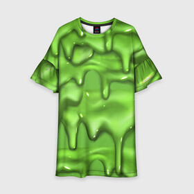 Детское платье 3D с принтом Green Slime в Курске, 100% полиэстер | прямой силуэт, чуть расширенный к низу. Круглая горловина, на рукавах — воланы | Тематика изображения на принте: drips | green | slime | желе | зелёный | слайм