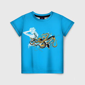 Детская футболка 3D с принтом Морская абстракция в Курске, 100% гипоаллергенный полиэфир | прямой крой, круглый вырез горловины, длина до линии бедер, чуть спущенное плечо, ткань немного тянется | девушка | дельфин | медуза | медузы | морские животные | морские обитатели | осьминог