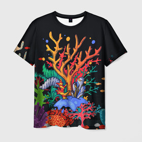 Мужская футболка 3D с принтом Морской пейзаж в Курске, 100% полиэфир | прямой крой, круглый вырез горловины, длина до линии бедер | кораллы | море | морская тема | морские символы | морской пейзаж | ракушка | рыбы