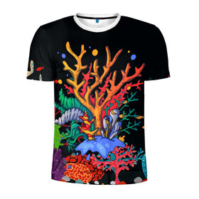 Мужская футболка 3D спортивная с принтом Морской пейзаж в Курске, 100% полиэстер с улучшенными характеристиками | приталенный силуэт, круглая горловина, широкие плечи, сужается к линии бедра | кораллы | море | морская тема | морские символы | морской пейзаж | ракушка | рыбы