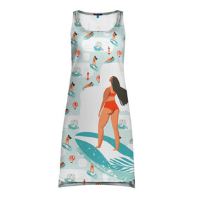 Платье-майка 3D с принтом Серфингистка в Курске, 100% полиэстер | полуприлегающий силуэт, широкие бретели, круглый вырез горловины, удлиненный подол сзади. | девушка | лето | море | паттерн | пляж | серфинг | серфингистка
