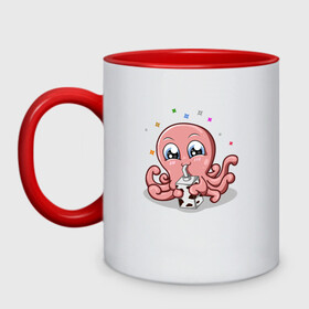 Кружка двухцветная с принтом Милый Осьминог в Курске, керамика | объем — 330 мл, диаметр — 80 мм. Цветная ручка и кайма сверху, в некоторых цветах — вся внутренняя часть | cute | octopus | милый | осьминог | осьминожка | тентакли
