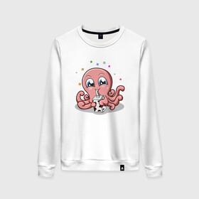 Женский свитшот хлопок с принтом Милый Осьминог в Курске, 100% хлопок | прямой крой, круглый вырез, на манжетах и по низу широкая трикотажная резинка  | cute | octopus | милый | осьминог | осьминожка | тентакли