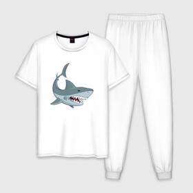 Мужская пижама хлопок с принтом Агрессивная акула в Курске, 100% хлопок | брюки и футболка прямого кроя, без карманов, на брюках мягкая резинка на поясе и по низу штанин
 | Тематика изображения на принте: shark | агрессивная | акула | акулы | клыки | море | океан | рыба