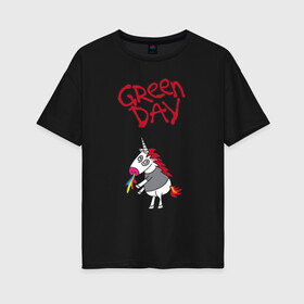 Женская футболка хлопок Oversize с принтом Green Day Unicorn в Курске, 100% хлопок | свободный крой, круглый ворот, спущенный рукав, длина до линии бедер
 | Тематика изображения на принте: billie joe armstrong | green day | punk | rock | unicorn | билли джо | грин дей | панк | рок