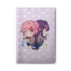 Обложка для автодокументов с принтом Chibi Natsuki and Yuri в Курске, натуральная кожа |  размер 19,9*13 см; внутри 4 больших “конверта” для документов и один маленький отдел — туда идеально встанут права | Тематика изображения на принте: ddlc | doki doki literature club | natsuki | yuri | натсуки | нацуки | юри