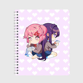 Тетрадь с принтом Chibi Natsuki and Yuri в Курске, 100% бумага | 48 листов, плотность листов — 60 г/м2, плотность картонной обложки — 250 г/м2. Листы скреплены сбоку удобной пружинной спиралью. Уголки страниц и обложки скругленные. Цвет линий — светло-серый
 | ddlc | doki doki literature club | natsuki | yuri | натсуки | нацуки | юри