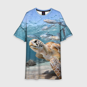 Детское платье 3D с принтом Морская черепаха в Курске, 100% полиэстер | прямой силуэт, чуть расширенный к низу. Круглая горловина, на рукавах — воланы | море | морская | океан | подводный мир | рыбы | черепаха