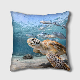 Подушка 3D с принтом Морская черепаха в Курске, наволочка – 100% полиэстер, наполнитель – холлофайбер (легкий наполнитель, не вызывает аллергию). | состоит из подушки и наволочки. Наволочка на молнии, легко снимается для стирки | Тематика изображения на принте: море | морская | океан | подводный мир | рыбы | черепаха