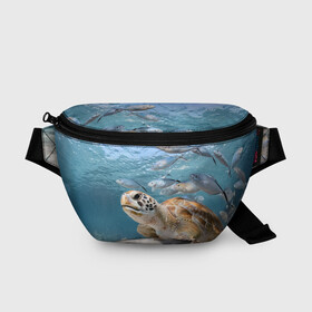 Поясная сумка 3D с принтом Морская черепаха в Курске, 100% полиэстер | плотная ткань, ремень с регулируемой длиной, внутри несколько карманов для мелочей, основное отделение и карман с обратной стороны сумки застегиваются на молнию | море | морская | океан | подводный мир | рыбы | черепаха