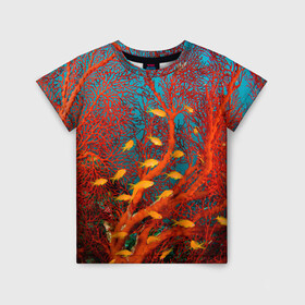 Детская футболка 3D с принтом Коралловые рыбки в Курске, 100% гипоаллергенный полиэфир | прямой крой, круглый вырез горловины, длина до линии бедер, чуть спущенное плечо, ткань немного тянется | Тематика изображения на принте: коралловые | море | океан | подводный мир | рифы | рыбки | рыбы