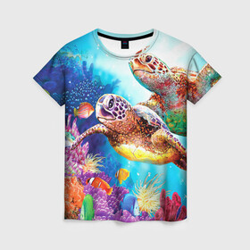 Женская футболка 3D с принтом Морские черепахи в Курске, 100% полиэфир ( синтетическое хлопкоподобное полотно) | прямой крой, круглый вырез горловины, длина до линии бедер | коралловые | море | морские | океан | подводный мир | рифы | рыбки | рыбы | черепахи