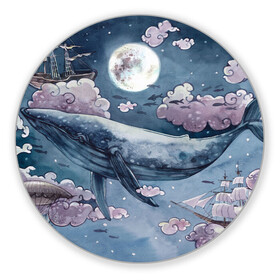 Коврик для мышки круглый с принтом Кит среди облаков в Курске, резина и полиэстер | круглая форма, изображение наносится на всю лицевую часть | кит | кит в облаках | луна | облака. корабль | рыбы