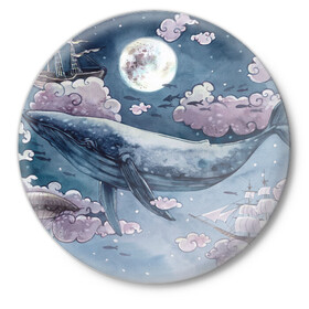 Значок с принтом Кит среди облаков в Курске,  металл | круглая форма, металлическая застежка в виде булавки | кит | кит в облаках | луна | облака. корабль | рыбы