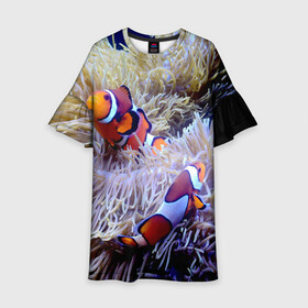 Детское платье 3D с принтом Клоуны в актинии в Курске, 100% полиэстер | прямой силуэт, чуть расширенный к низу. Круглая горловина, на рукавах — воланы | Тематика изображения на принте: актиния | клоуны | коралловые | море | подводный мир | рыбки