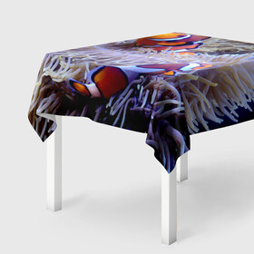 Скатерть 3D с принтом Клоуны в актинии в Курске, 100% полиэстер (ткань не мнется и не растягивается) | Размер: 150*150 см | актиния | клоуны | коралловые | море | подводный мир | рыбки