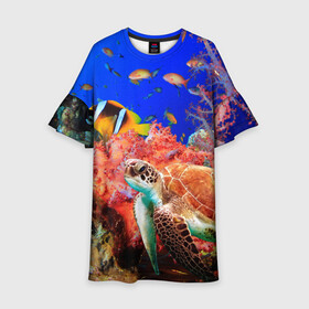 Детское платье 3D с принтом Морская черепаха в Курске, 100% полиэстер | прямой силуэт, чуть расширенный к низу. Круглая горловина, на рукавах — воланы | Тематика изображения на принте: кораллы | море | морская черепаха | подводный мир | рыбки