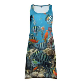 Платье-майка 3D с принтом Коралловые рыбки в Курске, 100% полиэстер | полуприлегающий силуэт, широкие бретели, круглый вырез горловины, удлиненный подол сзади. | коралловые | кораллы | море | подводный мир | рыбки