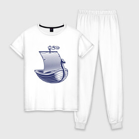 Женская пижама хлопок с принтом Парусная лодка в Курске, 100% хлопок | брюки и футболка прямого кроя, без карманов, на брюках мягкая резинка на поясе и по низу штанин | sailboat | кораблик | корабль | лодка | парус | парусная лодка | тату | татуировка