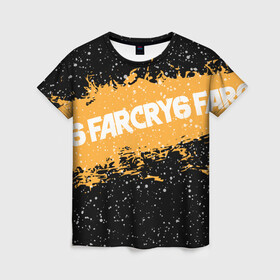 Женская футболка 3D с принтом Far Cry 6 в Курске, 100% полиэфир ( синтетическое хлопкоподобное полотно) | прямой крой, круглый вырез горловины, длина до линии бедер | far cry 6 | игра | капли | лого | надпись | снег | частицы