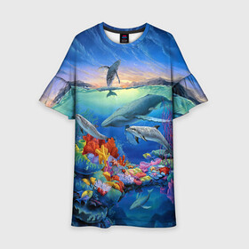 Детское платье 3D с принтом Киты и дельфины в Курске, 100% полиэстер | прямой силуэт, чуть расширенный к низу. Круглая горловина, на рукавах — воланы | горы | дельфины | закат солнца | киты | кораллы | море | океан | подводный мир