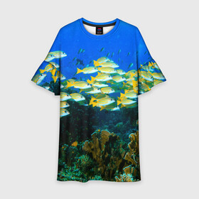 Детское платье 3D с принтом Коралловые рыбки в Курске, 100% полиэстер | прямой силуэт, чуть расширенный к низу. Круглая горловина, на рукавах — воланы | коралловые | кораллы | море | морские обитатели | океан | подводный мир | рыбки