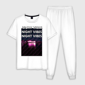 Мужская пижама хлопок с принтом Ночная гладь в Курске, 100% хлопок | брюки и футболка прямого кроя, без карманов, на брюках мягкая резинка на поясе и по низу штанин
 | neon | night city | retrowave | вода | неон | ночь | отражение | полосы | ретровейв | свет