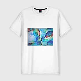 Мужская футболка хлопок Slim с принтом Медузы в море в Курске, 92% хлопок, 8% лайкра | приталенный силуэт, круглый вырез ворота, длина до линии бедра, короткий рукав | медуза | медузы | море | морская фауна | морские жители | подводный мир