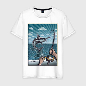 Мужская футболка хлопок с принтом рыбалка в Курске, 100% хлопок | прямой крой, круглый вырез горловины, длина до линии бедер, слегка спущенное плечо. | море | океан | рыба | рыбаки | рыбылка | спининг | удочка
