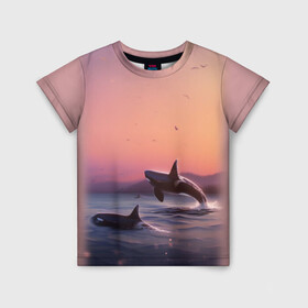Детская футболка 3D с принтом касатки в Курске, 100% гипоаллергенный полиэфир | прямой крой, круглый вырез горловины, длина до линии бедер, чуть спущенное плечо, ткань немного тянется | ocean | orca | sea | sea animal | дельфин | закат | касатка | кит | море | океан | рисунок кита