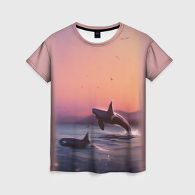 Женская футболка 3D с принтом касатки в Курске, 100% полиэфир ( синтетическое хлопкоподобное полотно) | прямой крой, круглый вырез горловины, длина до линии бедер | ocean | orca | sea | sea animal | дельфин | закат | касатка | кит | море | океан | рисунок кита