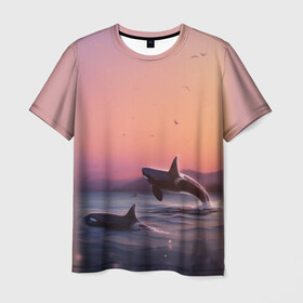 Мужская футболка 3D с принтом касатки в Курске, 100% полиэфир | прямой крой, круглый вырез горловины, длина до линии бедер | Тематика изображения на принте: ocean | orca | sea | sea animal | дельфин | закат | касатка | кит | море | океан | рисунок кита