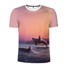 Мужская футболка 3D спортивная с принтом касатки в Курске, 100% полиэстер с улучшенными характеристиками | приталенный силуэт, круглая горловина, широкие плечи, сужается к линии бедра | Тематика изображения на принте: ocean | orca | sea | sea animal | дельфин | закат | касатка | кит | море | океан | рисунок кита