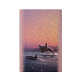 Обложка для паспорта матовая кожа с принтом касатки в Курске, натуральная матовая кожа | размер 19,3 х 13,7 см; прозрачные пластиковые крепления | Тематика изображения на принте: ocean | orca | sea | sea animal | дельфин | закат | касатка | кит | море | океан | рисунок кита