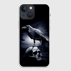 Чехол для iPhone 13 mini с принтом ЧЕРЕП И ВОРОН в Курске,  |  | birds | black | crown | death | horror | metal | skull | арт | ворон | зомби | кости | птицы | скелет | череп | черный