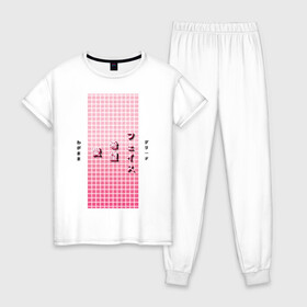 Женская пижама хлопок с принтом Good Mood в Курске, 100% хлопок | брюки и футболка прямого кроя, без карманов, на брюках мягкая резинка на поясе и по низу штанин | checkered | gradient | hieroglyphs | japanese | neon | градиент | иероглифы | клетка | неон | японский