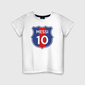 Детская футболка хлопок с принтом Lionel Messi 10 эмблема с флагом в Курске, 100% хлопок | круглый вырез горловины, полуприлегающий силуэт, длина до линии бедер | argentina | barca | barcelona | fc barcelona | lionel messi | spain | sport | uefa | аргентина | барса | барселона | золотой мяч | игрок | испания | камп ноу | лео месси | лионель месси | мяч | спорт | тренер | уефа 