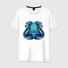 Мужская футболка хлопок с принтом Голубой осьминог в Курске, 100% хлопок | прямой крой, круглый вырез горловины, длина до линии бедер, слегка спущенное плечо. | Тематика изображения на принте: cute | kraken | octopus | живность | жители | кракен | милый | мир | морские | осьминог | осьминожка | подводный | тентакли