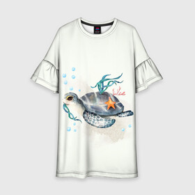 Детское платье 3D с принтом черепашка в Курске, 100% полиэстер | прямой силуэт, чуть расширенный к низу. Круглая горловина, на рукавах — воланы | Тематика изображения на принте: ocean | sea | sea animal | акварель | водоросли | графика | море | океан | подводный мир | черепаха