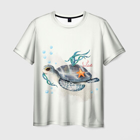 Мужская футболка 3D с принтом черепашка в Курске, 100% полиэфир | прямой крой, круглый вырез горловины, длина до линии бедер | Тематика изображения на принте: ocean | sea | sea animal | акварель | водоросли | графика | море | океан | подводный мир | черепаха